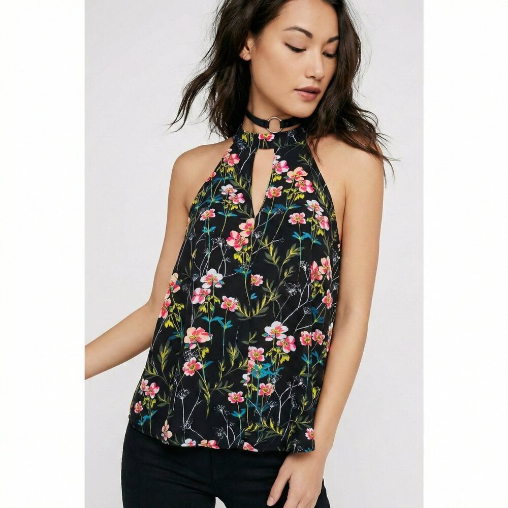 Express Choker Style Halter Neck Top in Black w/ Floral Tropical Print